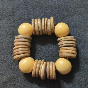 Beige Tan Neutral Round Wooden Beads and Coconut Shell Disc Statement Bracelet